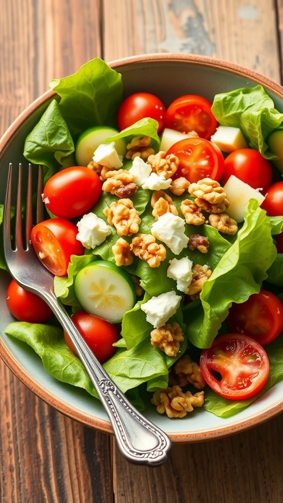 A fresh butter lettuce salad with cherry tomatoes, cucumbers, walnuts, and feta cheese on a wooden table.